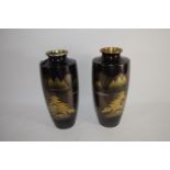 PAIR OF GLASS ORIENTAL VASES, ONE WITH A GILT DESIGN OF A PAGODA AND MOUNTAINS