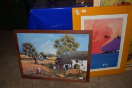 TWO ABSTRACT PICTURES AND A FURTHER PICTURE OF A HARVEST SCENE