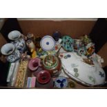 BOX CONTAINING CERAMIC ITEMS, VARIOUS VASES, CLOISONNE VASE AND COVER, AESTHETIC PERIOD TUREEN AND