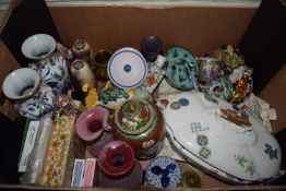 BOX CONTAINING CERAMIC ITEMS, VARIOUS VASES, CLOISONNE VASE AND COVER, AESTHETIC PERIOD TUREEN AND