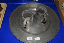 LARGE PEWTER TRAY WITH TWO TANKARDS