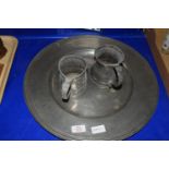 LARGE PEWTER TRAY WITH TWO TANKARDS