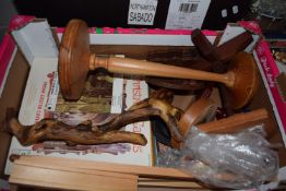 BOX CONTAINING WOODEN PLINTHS AND RECORDS