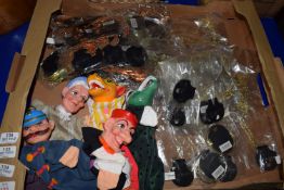 BOX CONTAINING PLASTIC PUPPETS AND COSTUME JEWELLERY