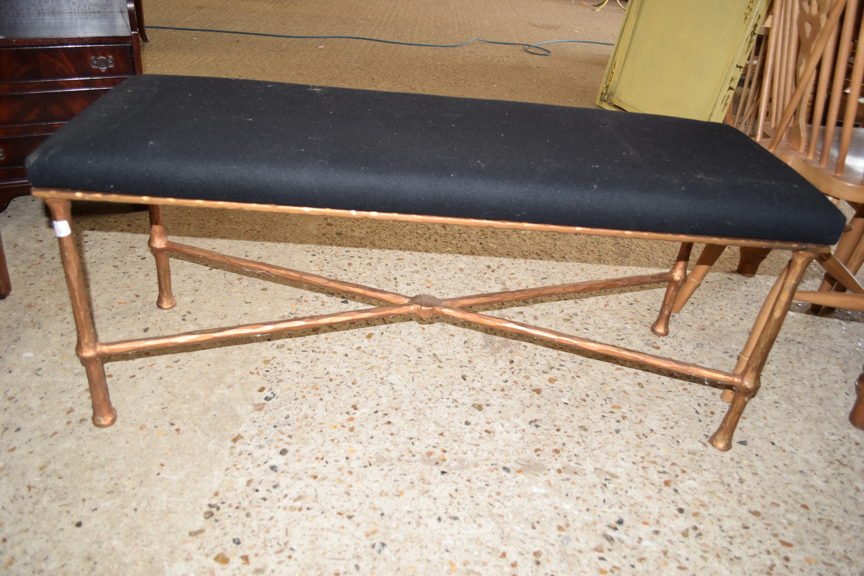 UPHOLSTERED STOOL WITH A HEAVY METAL FRAME, APPROX 41 X 110CM