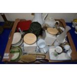 TRAY CONTAINING CERAMIC ITEMS, MAINLY KITCHEN WARES, JARS WITH WOODEN COVERS, TEA POT, JARS ETC