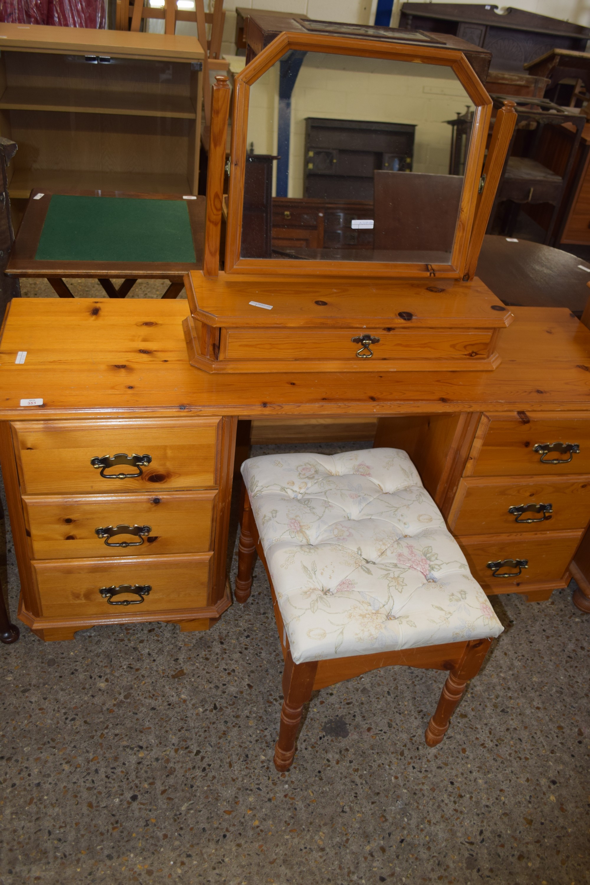 VARNISHED PINE DRESSING TABLE, LENGTH APPROX 138CM TOGETHER WITH MATCHING UPHOLSTERED STOOL AND