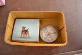 BOX CONTAINING A COMPASS AND A COMPACT WITH TERRIER PICTURE TO FRONT