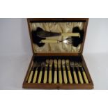 BOX CONTAINING BONE HANDLED FISH KNIVES AND FORKS