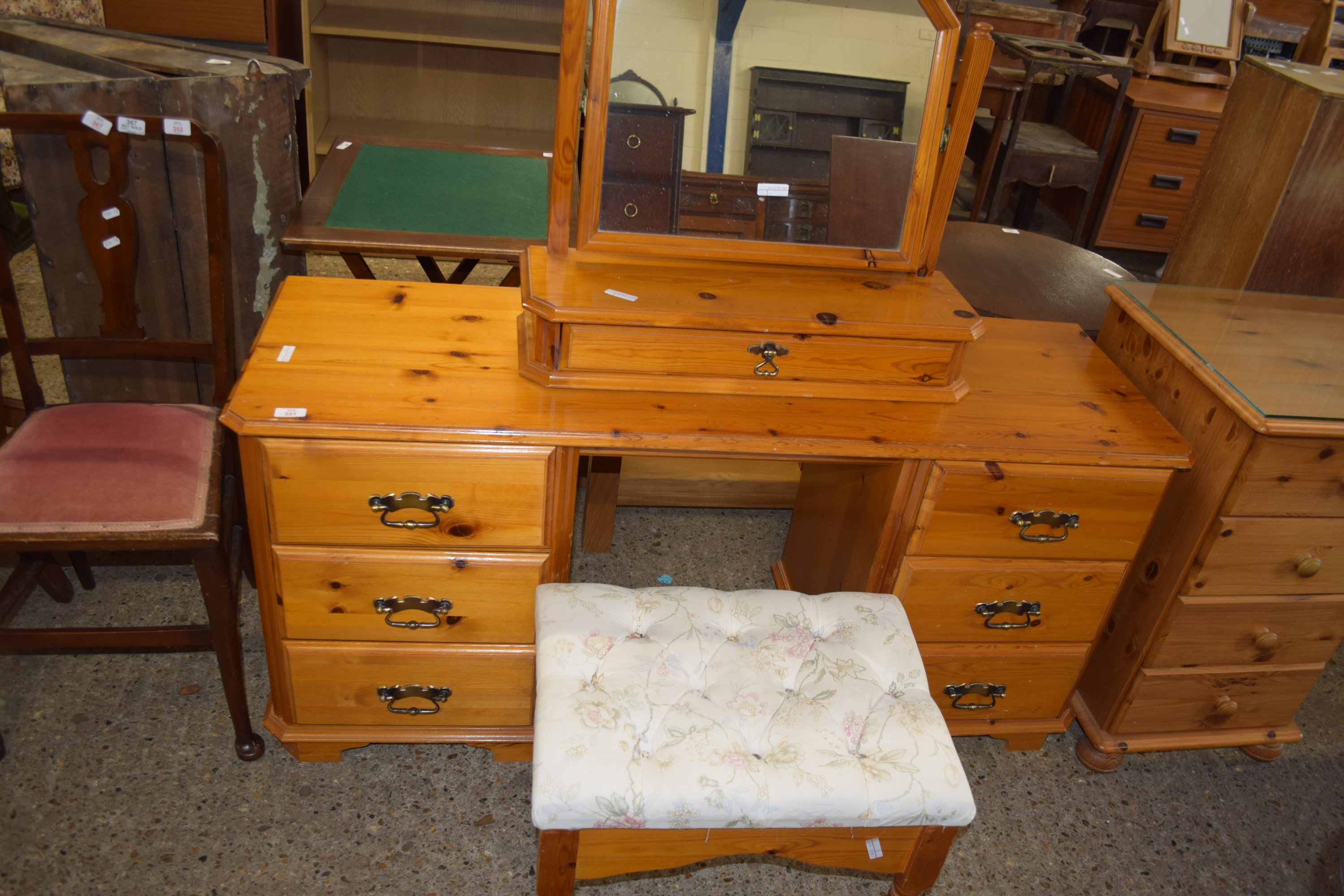 VARNISHED PINE DRESSING TABLE, LENGTH APPROX 138CM TOGETHER WITH MATCHING UPHOLSTERED STOOL AND - Image 2 of 2