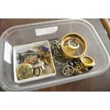 BOX CONTAINING VARIOUS ITEMS INCLUDING A ROLLED GOLD TYPE CHASED BRACELET