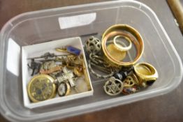 BOX CONTAINING VARIOUS ITEMS INCLUDING A ROLLED GOLD TYPE CHASED BRACELET