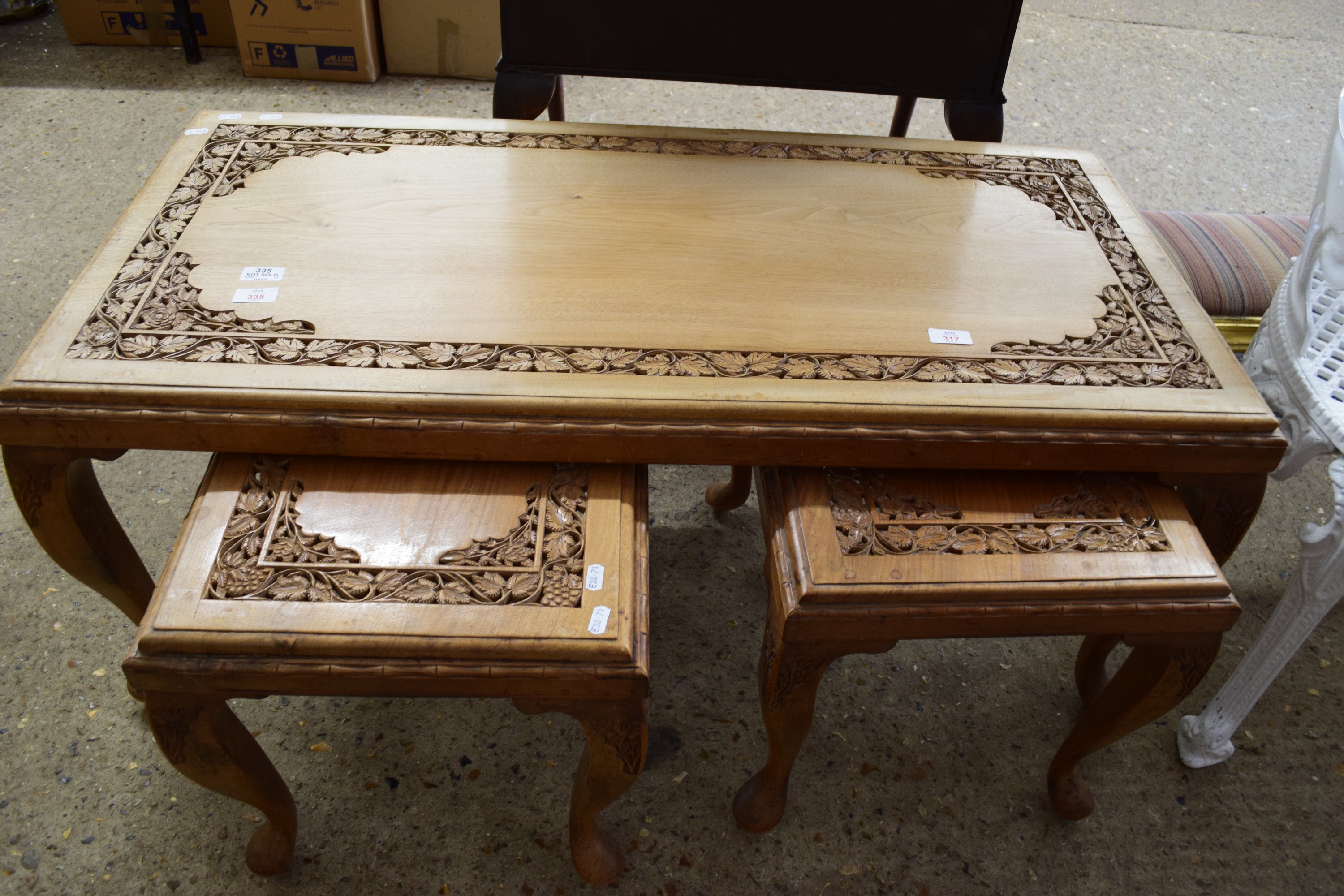 SET OF THREE LOW COFFEE TABLES, ALL WITH SIMILAR CARVED FRETWORK DECORATION, LARGEST APPROX 109 X - Image 2 of 2