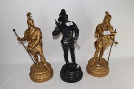SPELTER FIGURE OF A CAVALIER, TOGETHER WITH TWO FURTHER FIGURES OF ROMAN WARRIORS