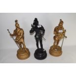 SPELTER FIGURE OF A CAVALIER, TOGETHER WITH TWO FURTHER FIGURES OF ROMAN WARRIORS