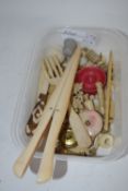 SMALL TRAY CONTAINING BONE AND IVORY ITEMS, FORKS, SPOON, ETC