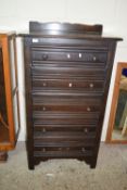 REPRODUCTION DARK WOOD CHEST OF FIVE DRAWERS IN THE ARTS AND CRAFTS STYLE, WIDTH APPROX 77CM MAX
