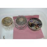 SMALL PLASTIC BOX CONTAINING TWO SMALL CUT GLASS BOXES WITH METAL LIDS AND FURTHER LID WITH AN