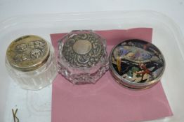 SMALL PLASTIC BOX CONTAINING TWO SMALL CUT GLASS BOXES WITH METAL LIDS AND FURTHER LID WITH AN