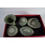WEDGWOOD JASPERWARE ITEMS, MAINLY IN GREEN WITH APPLIED DECORATION