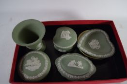 WEDGWOOD JASPERWARE ITEMS, MAINLY IN GREEN WITH APPLIED DECORATION