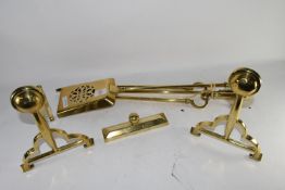 FIRE DOGS WITH BRASS FIRESIDE IMPLEMENTS