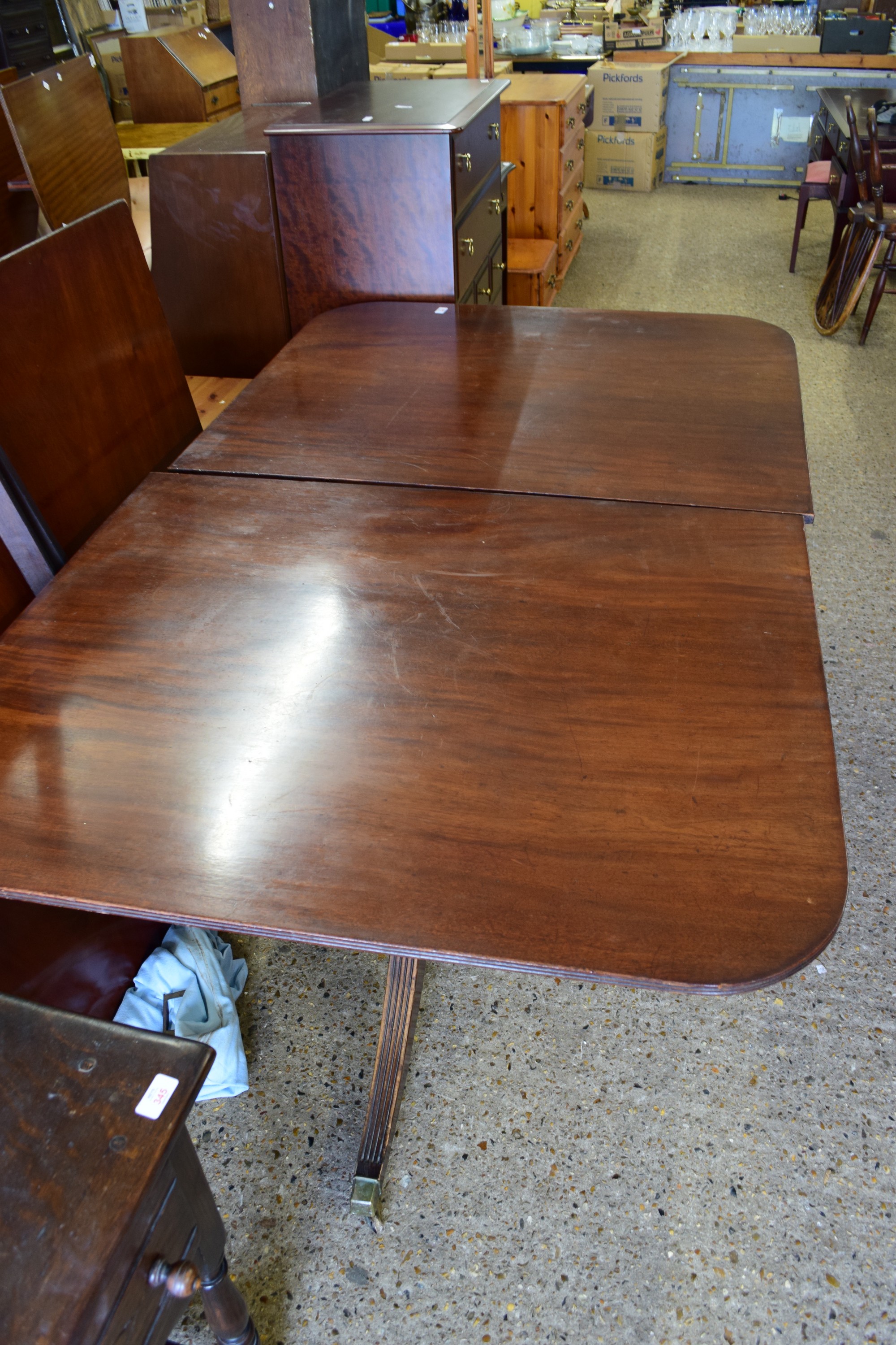 REPRODUCTION MAHOGANY D-END TWIN PEDESTAL DINING TABLE, APPROX 188CM, TOGETHER WITH TWO ADDITIONAL