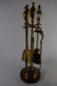 BRASS FIRESIDE COMPANION SET, BRUSH, TONGS ETC