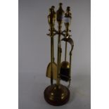 BRASS FIRESIDE COMPANION SET, BRUSH, TONGS ETC