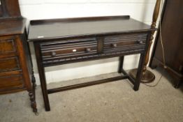 REPRODUCTION DARK WOOD SIDE TABLE WITH TWO DRAWERS BENEATH, RAISED ON FLUTED LEGS, WIDTH APPROX