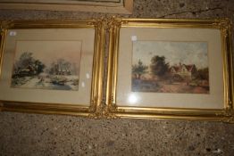 PRINTS OF WINTER SCENES AND COTTAGE LANDSCAPE, BOTH IN GILT FRAMES