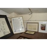 FOUR PICTURES INCLUDING PENCIL DRAWING OF NORFOLK LANDSCAPE SCENE WITH INSCRIPTION FROM IPSWICH