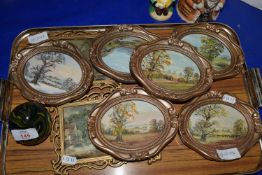 TRAY CONTAINING MODERN PAINTINGS IN GILT FRAMES TOGETHER WITH A PAPERWEIGHT