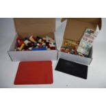 TWO BOXES CONTAINING LEGO ITEMS FROM THE 1950S AND 1970S, TOGETHER WITH CIGARETTE CARDS ETC