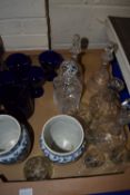 BOX CONTAINING CUT GLASS DECANTERS AND TWO BLUE AND WHITE ORIENTAL VASES