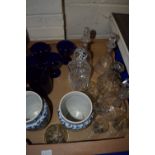 BOX CONTAINING CUT GLASS DECANTERS AND TWO BLUE AND WHITE ORIENTAL VASES