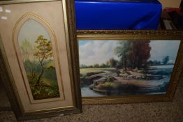 TWO PICTURES IN GILT FRAMES, ONE OF A LOGGING SCENE, THE OTHER OF LANDSCAPE