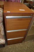 TEAK EFFECT THREE DRAWER FILING CABINET, WIDTH APPROX 48CM MAX