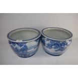 PAIR OF JAPANESE PORCELAIN BLUE AND WHITE JARDINIERES WITH A DESIGN OF BIRDS