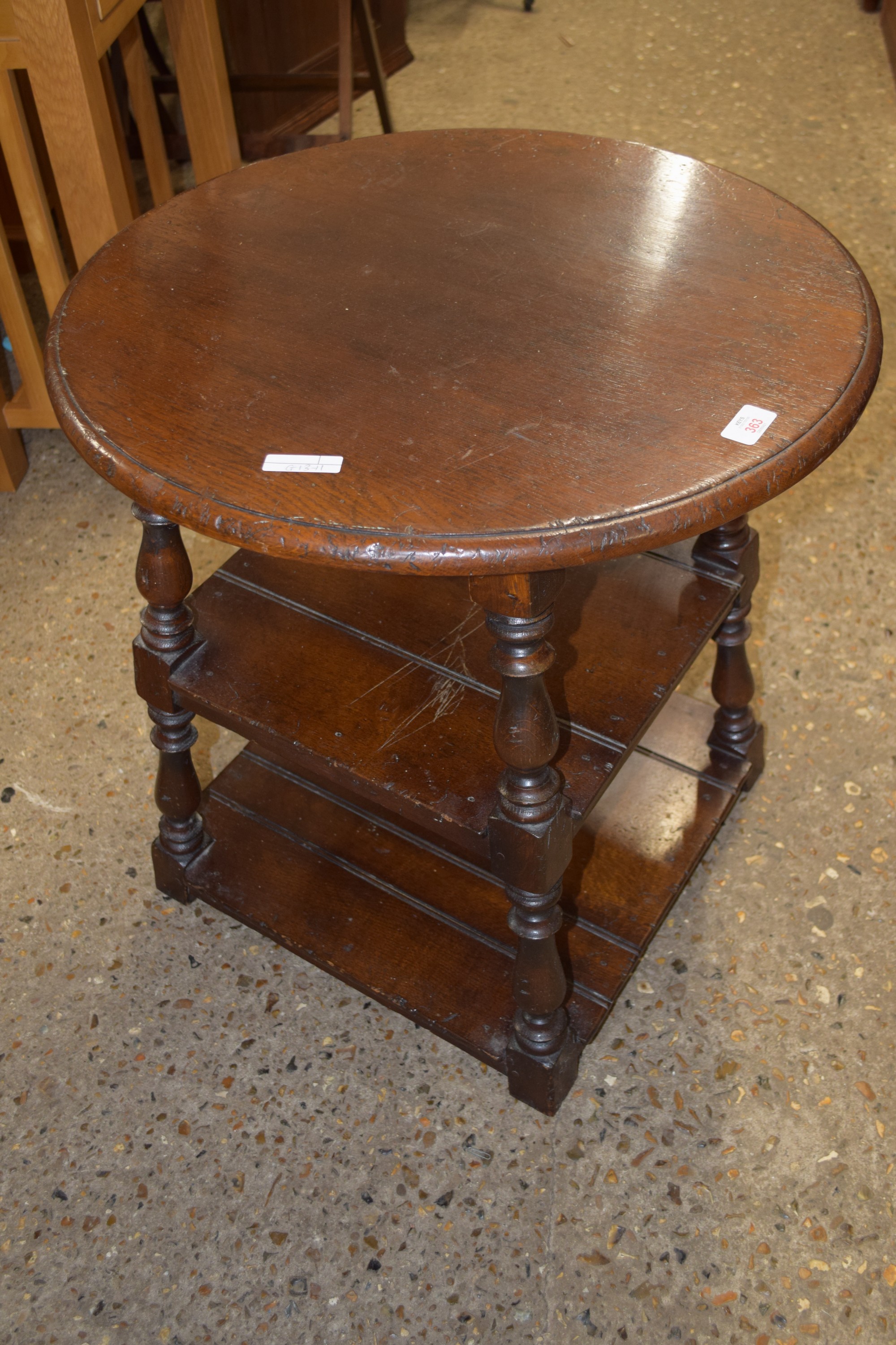 REPRODUCTION CIRCULAR OCCASIONAL TABLE WITH SHELVES BENEATH, ON TURNED LEGS, APPROX 58CM DIAM
