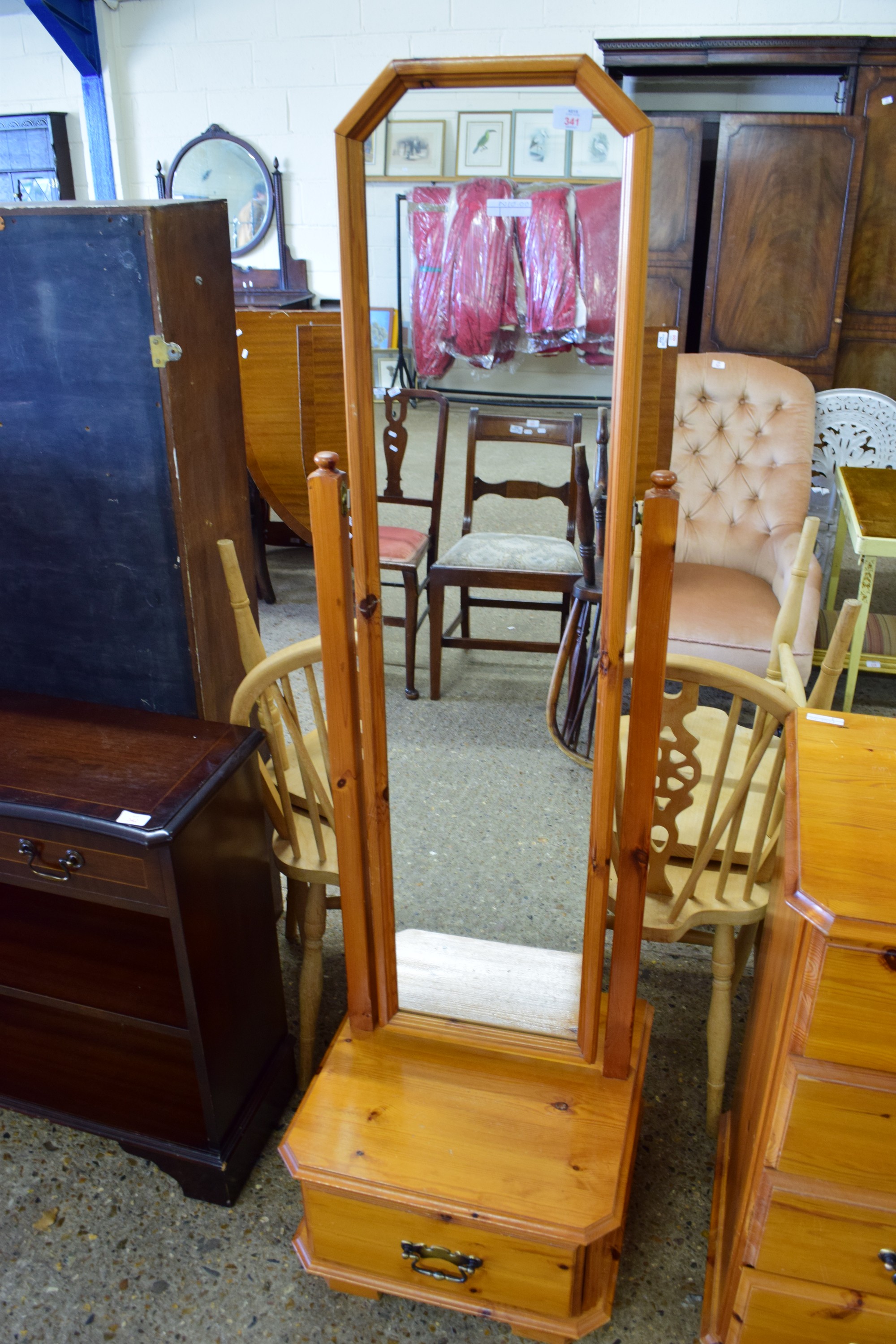 MODERN VARNISHED PINE CHEVAL MIRROR WITH DRAWER BENEATH, WIDTH APPROX 45CM MAX