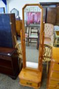 MODERN VARNISHED PINE CHEVAL MIRROR WITH DRAWER BENEATH, WIDTH APPROX 45CM MAX