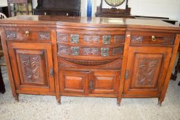 IMPRESSIVE MAHOGANY SIDEBOARD WITH HEAVILY CARVED DECORATION THROUGHOUT, LENGTH APPROX 180CM