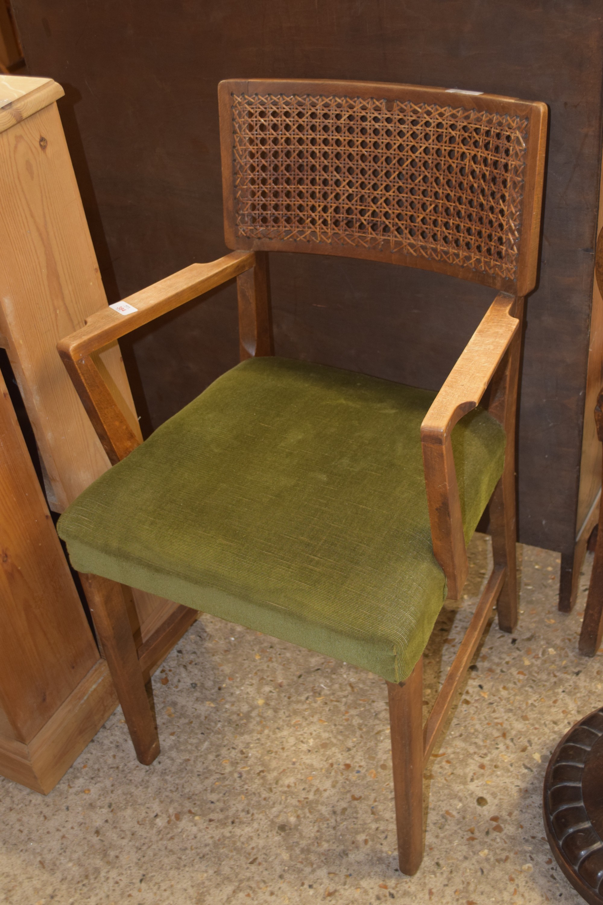 EARLY TO MID 20TH CENTURY UPHOLSTERED OAK CHAIR WITH CANE BACK, HEIGHT APPROX 88CM