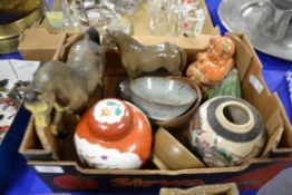 SMALL BOX CONTAINING CERAMIC ITEMS, ORIENTAL JAR AND COVER, POTTERY MODEL OF A BUDDHA, BOWLS ETC