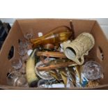 BOX CONTAINING GLASS WARES AND METAL WARES, PLATED ITEMS AND SOME WINE GLASSES ETC