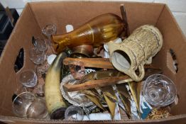 BOX CONTAINING GLASS WARES AND METAL WARES, PLATED ITEMS AND SOME WINE GLASSES ETC