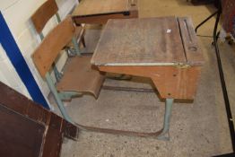 LIFT TOP METAL FRAMED SCHOOL DESK WITH INTEGRAL CHAIR, WIDTH APPROX 56CM