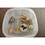 SMALL PLASTIC TRAY CONTAINING ENAMEL BADGES, ONE FOR RAILWAY SERVICE LMS, ONE FOR WI NORFOLK ETC