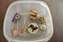 SMALL PLASTIC TRAY CONTAINING ENAMEL BADGES, ONE FOR RAILWAY SERVICE LMS, ONE FOR WI NORFOLK ETC